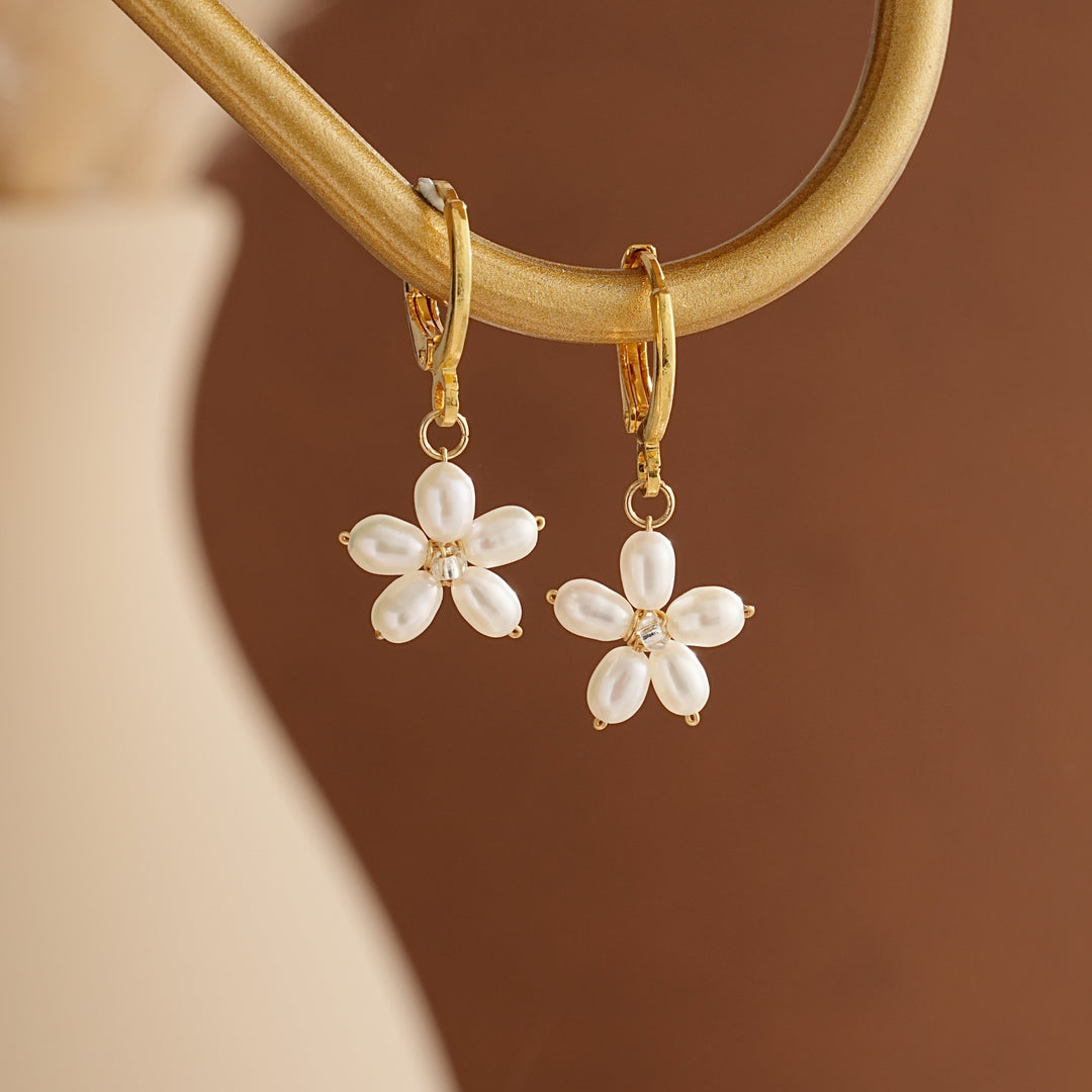 Dainty Flower Pearl Hoop Earrings
