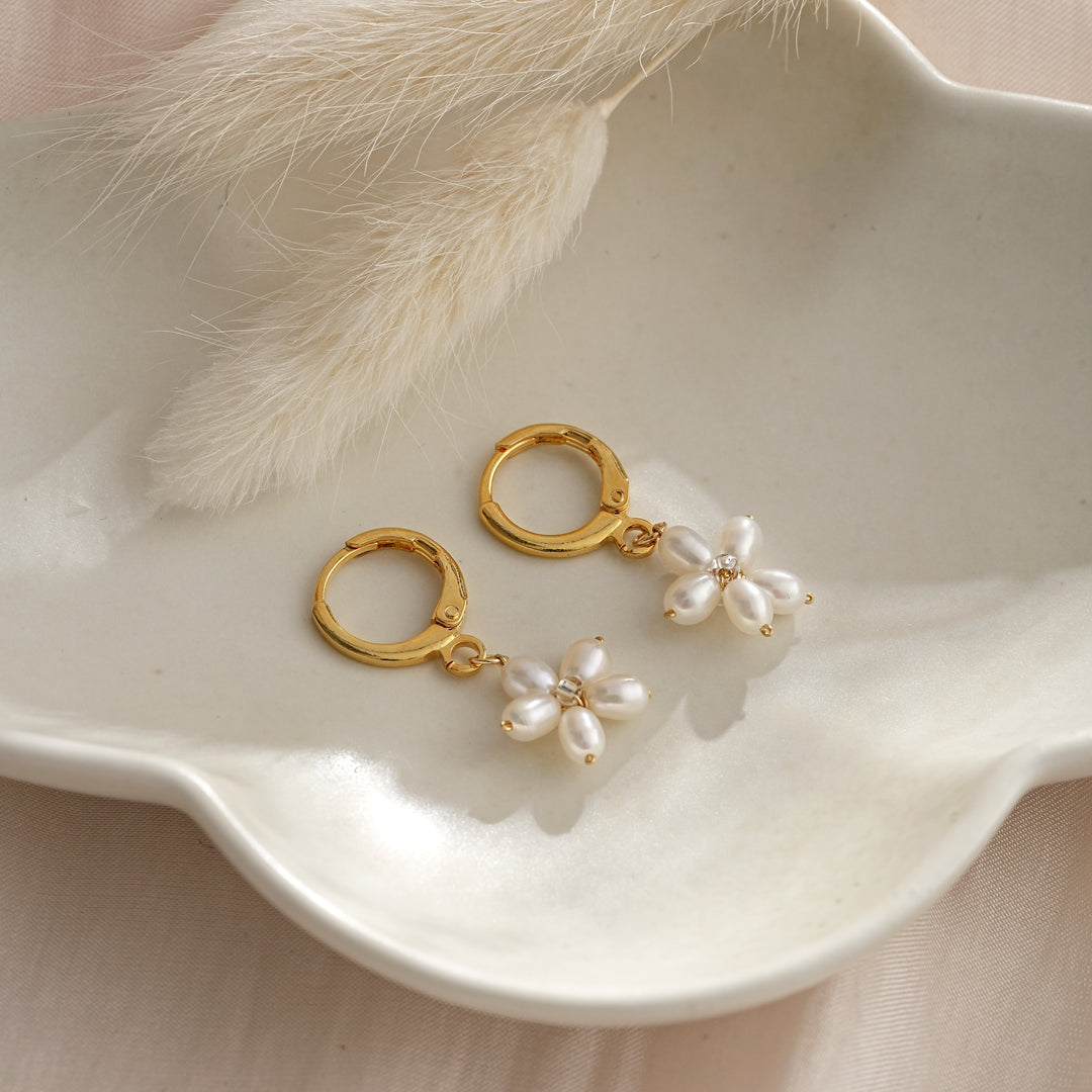 Dainty Flower Pearl Hoop Earrings