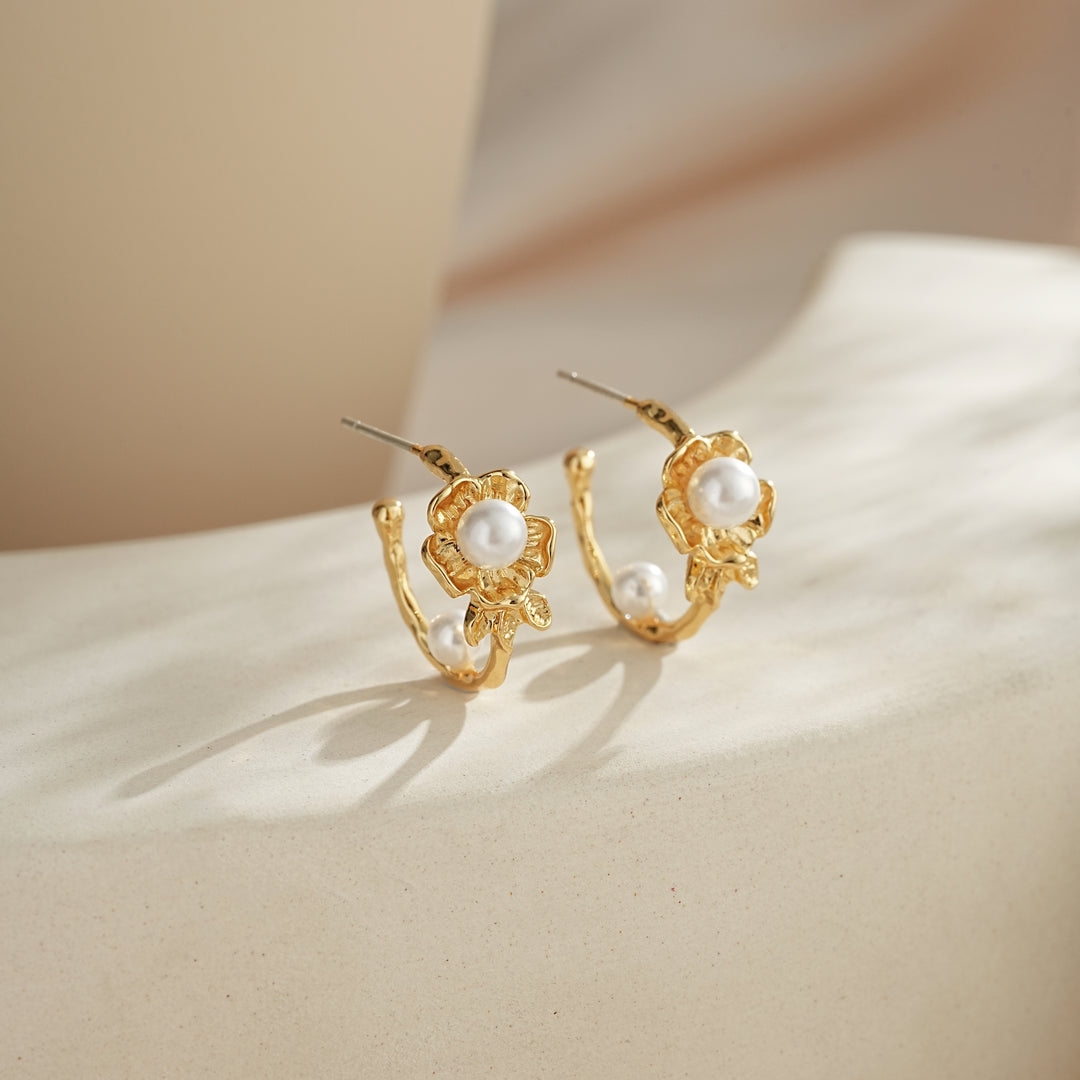 Gold Flower Pearl Hoop Earrings