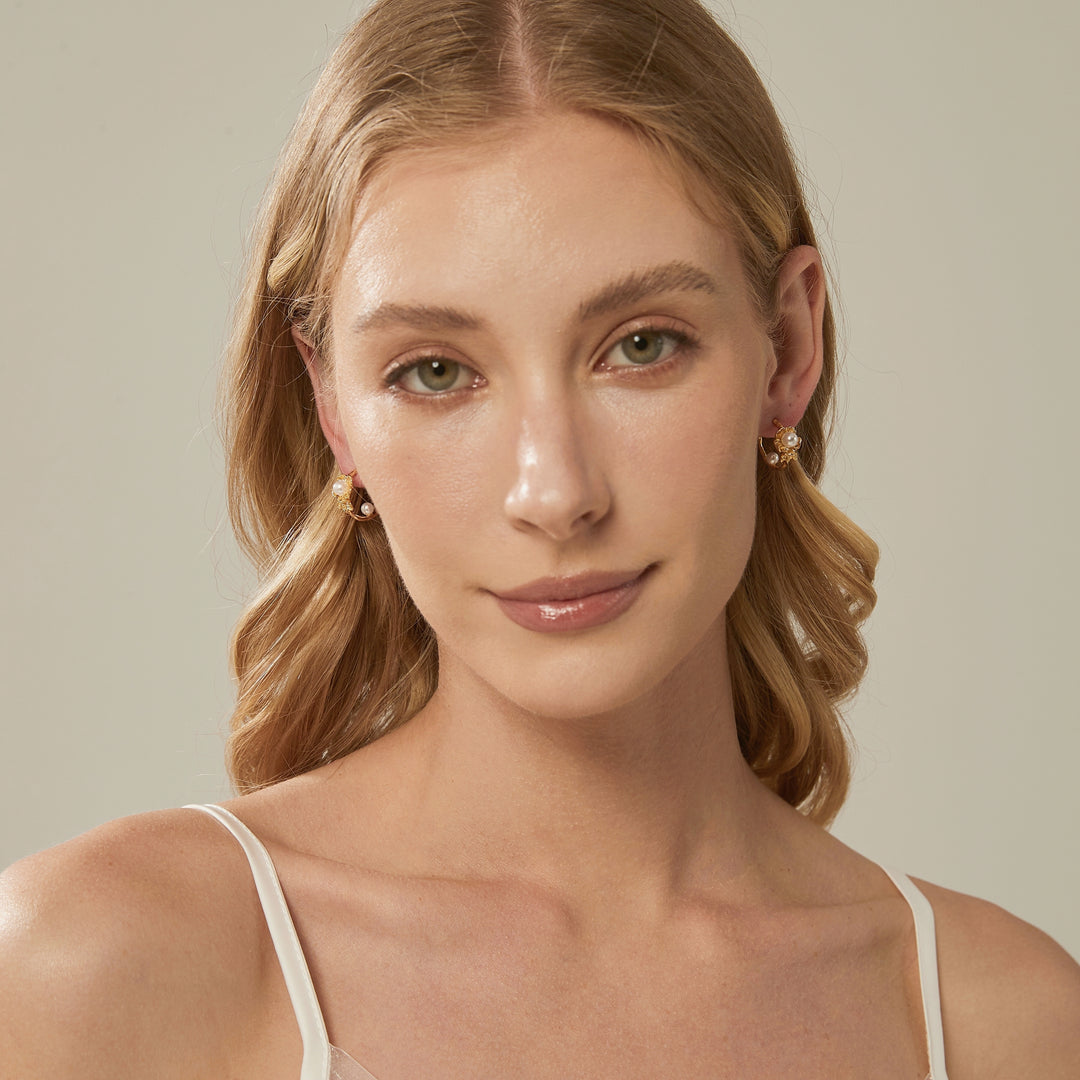 Gold Flower Pearl Hoop Earrings