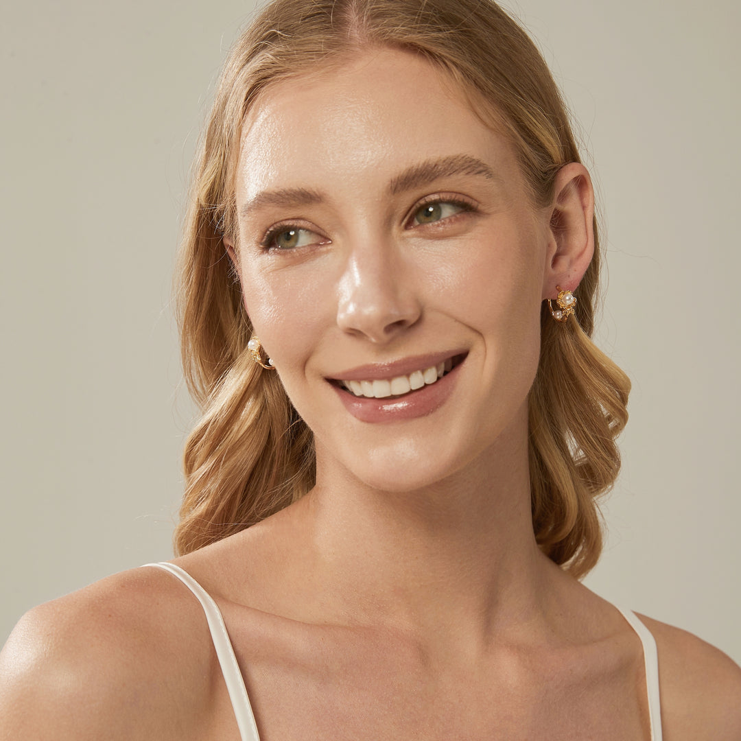 Gold Flower Pearl Hoop Earrings