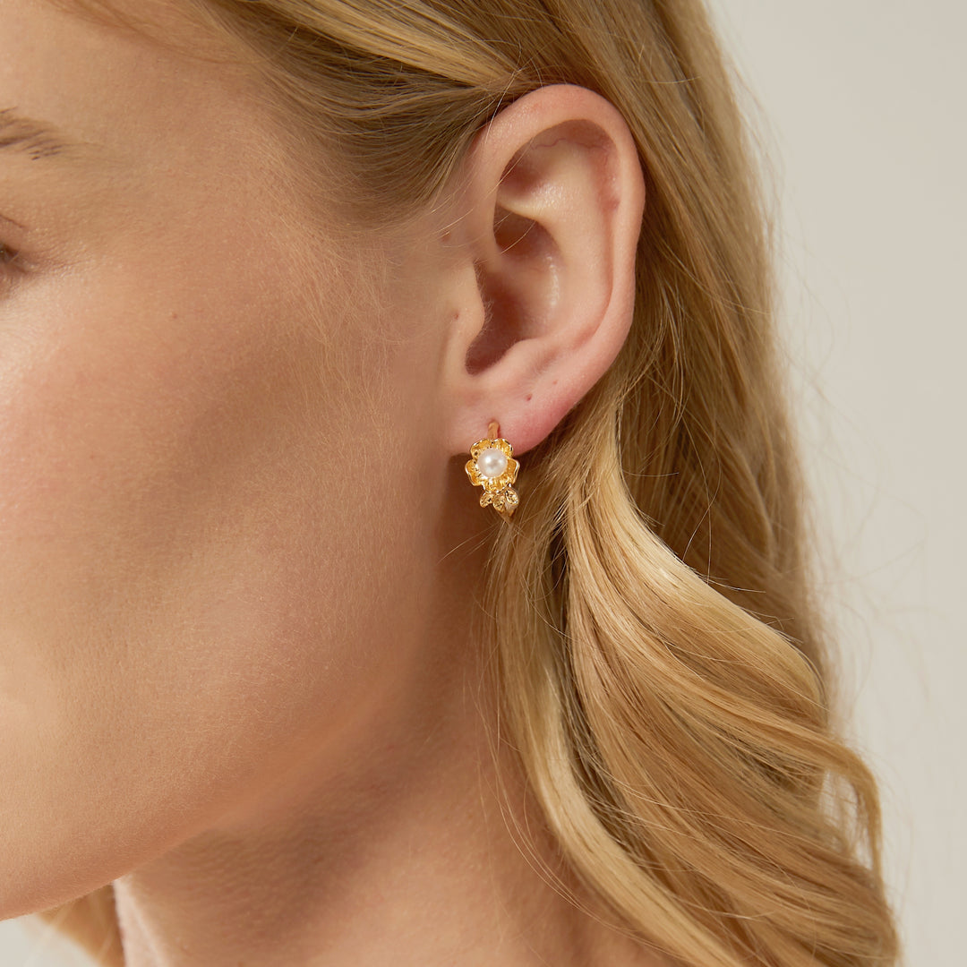 Gold Flower Pearl Hoop Earrings