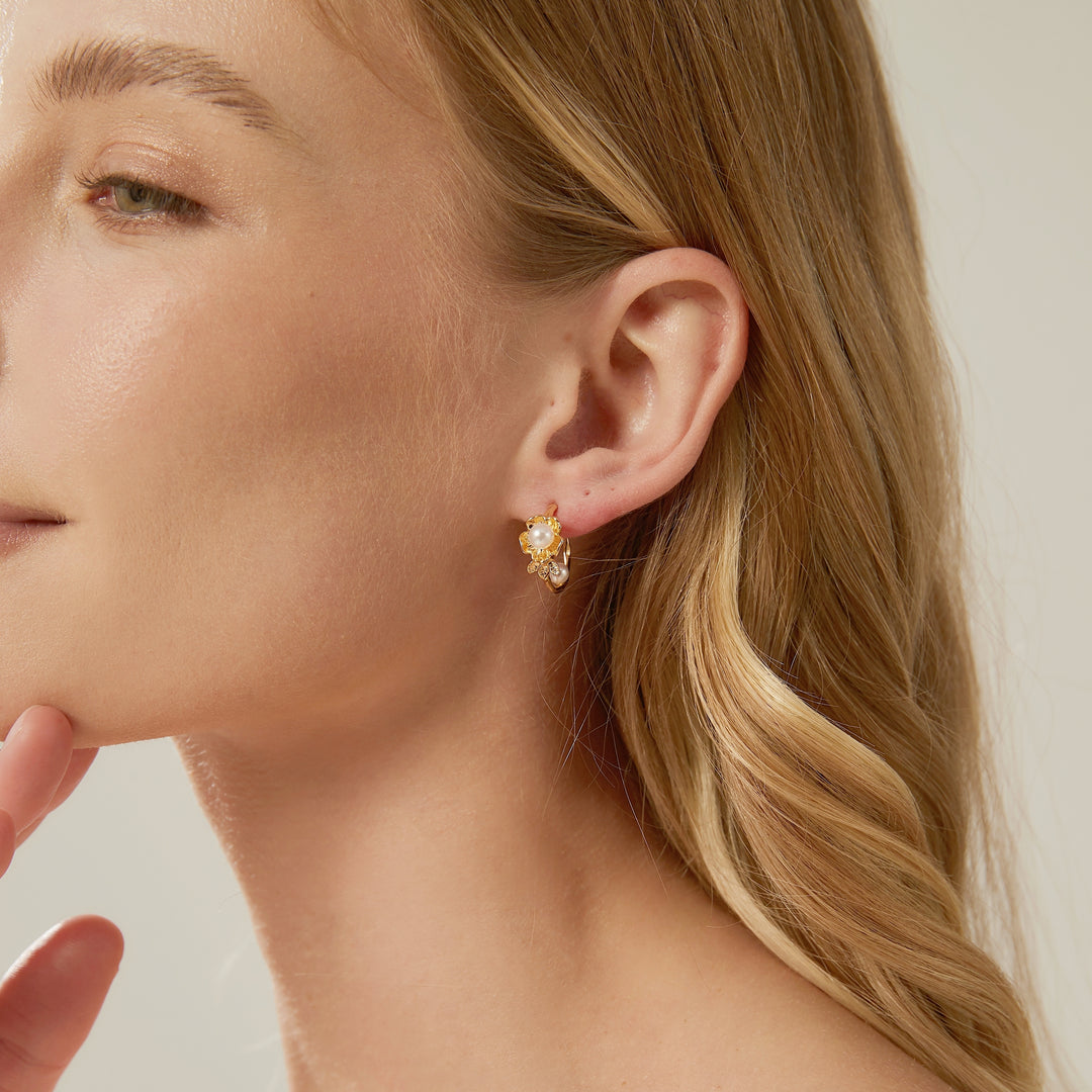 Gold Flower Pearl Hoop Earrings