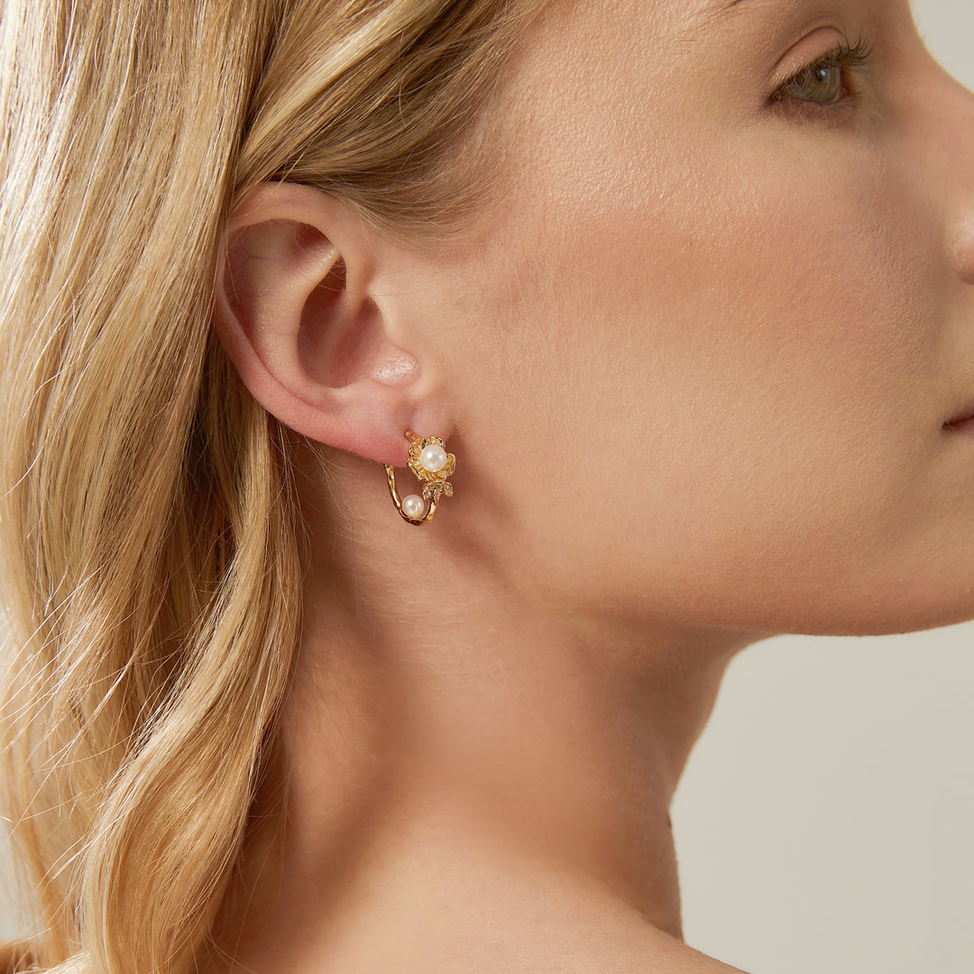 Gold Flower Pearl Hoop Earrings